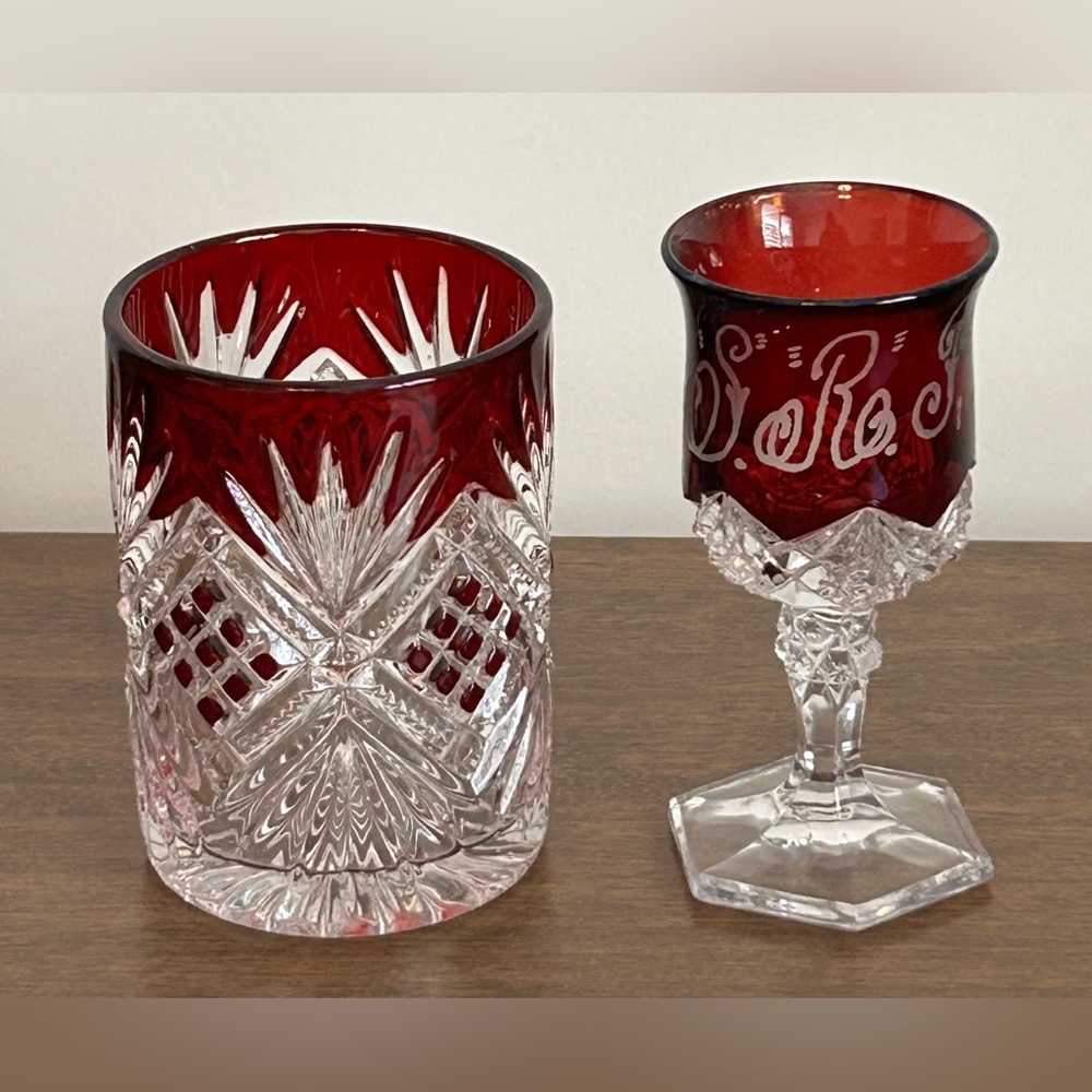 VINTAGE RUBY RED FLASH TO CLEAR CUT GLASS TUMBLER AND S.R.P. 1910 GOBLET